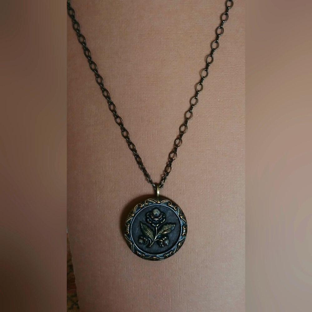 Antique Cut Steel Brass Picture Button Necklace, Victorian Boho Grunge Western